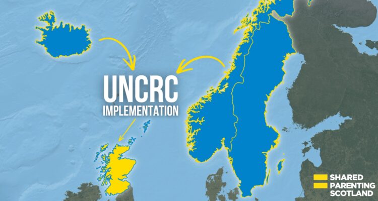 A map showing Northern Europe (the north of Ireland and Great Britain as well as Iceland, Scandinavia and Finland. Iceland, Norway and Sweden are higlighted in blue with a yellow glow and Scotland is highlighted in yellow with a blue glow. Arrows flow from Iceland and Norway to Scotland along with the words 'UNCRC implementation