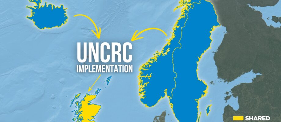 A map showing Northern Europe (the north of Ireland and Great Britain as well as Iceland, Scandinavia and Finland. Iceland, Norway and Sweden are higlighted in blue with a yellow glow and Scotland is highlighted in yellow with a blue glow. Arrows flow from Iceland and Norway to Scotland along with the words 'UNCRC implementation