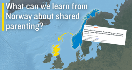 A map of Northern Europe with Scotland highlighted in yellow and Norway highlighted blue, with an overlay of the article 'Residential Arrangements, Repartnering, and CoparentalQuality Among Separated Mothers and Fathers in Norway' next to Norway. A yellow arrow points from Norway to Scotland, and text in the top left reads 'What can we learn from Norway about shared parenting?'