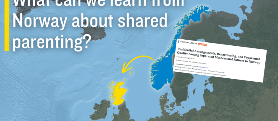 A map of Northern Europe with Scotland highlighted in yellow and Norway highlighted blue, with an overlay of the article 'Residential Arrangements, Repartnering, and CoparentalQuality Among Separated Mothers and Fathers in Norway' next to Norway. A yellow arrow points from Norway to Scotland, and text in the top left reads 'What can we learn from Norway about shared parenting?'